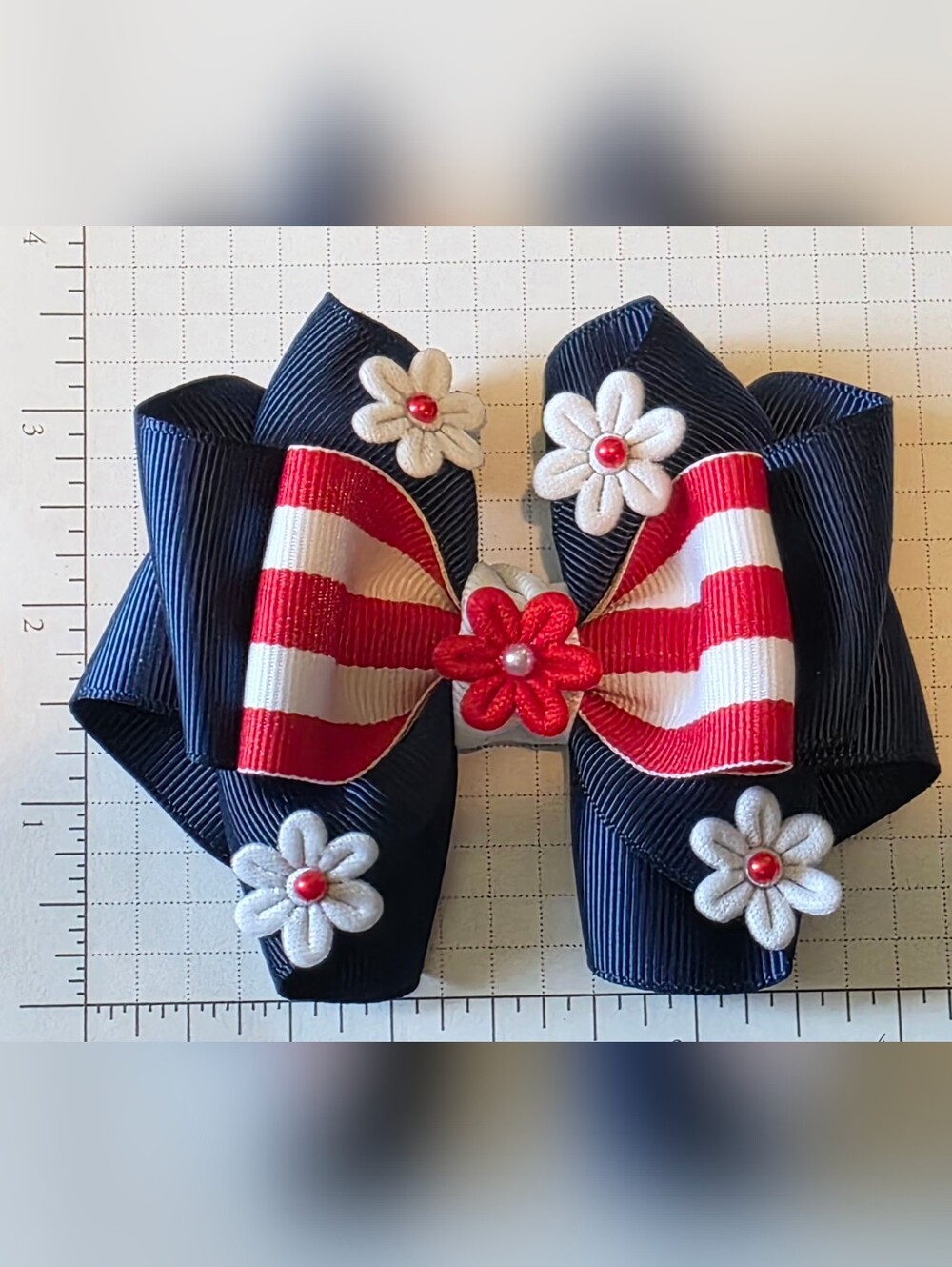 Navy, Red & White Striped Floral Hair Bow